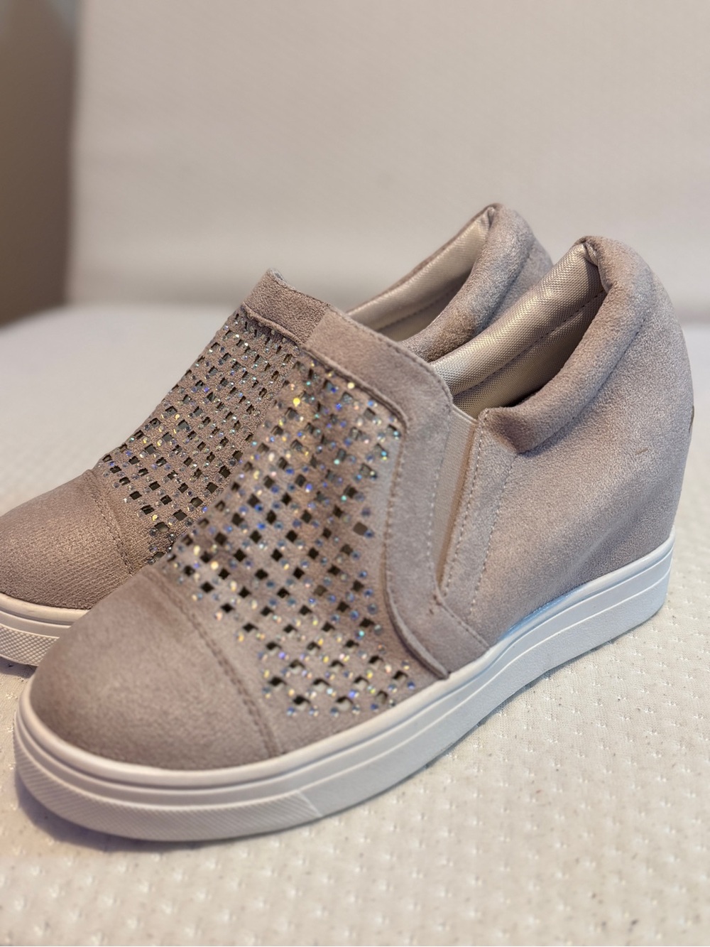 Slip-On Wedge Sneakers with Rhinestone Detail - Taupe